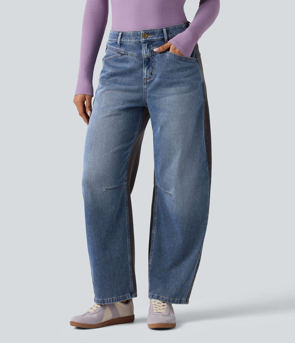 Jean barrel casual Halara Flex™ taille mi-haute color block avec poches