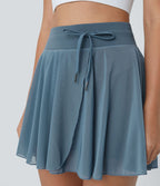 Jupe Casual Évasée Fluide 2 en 1 en Maille Contrastée Taille Haute Cordon de Serrage Poche Latérale