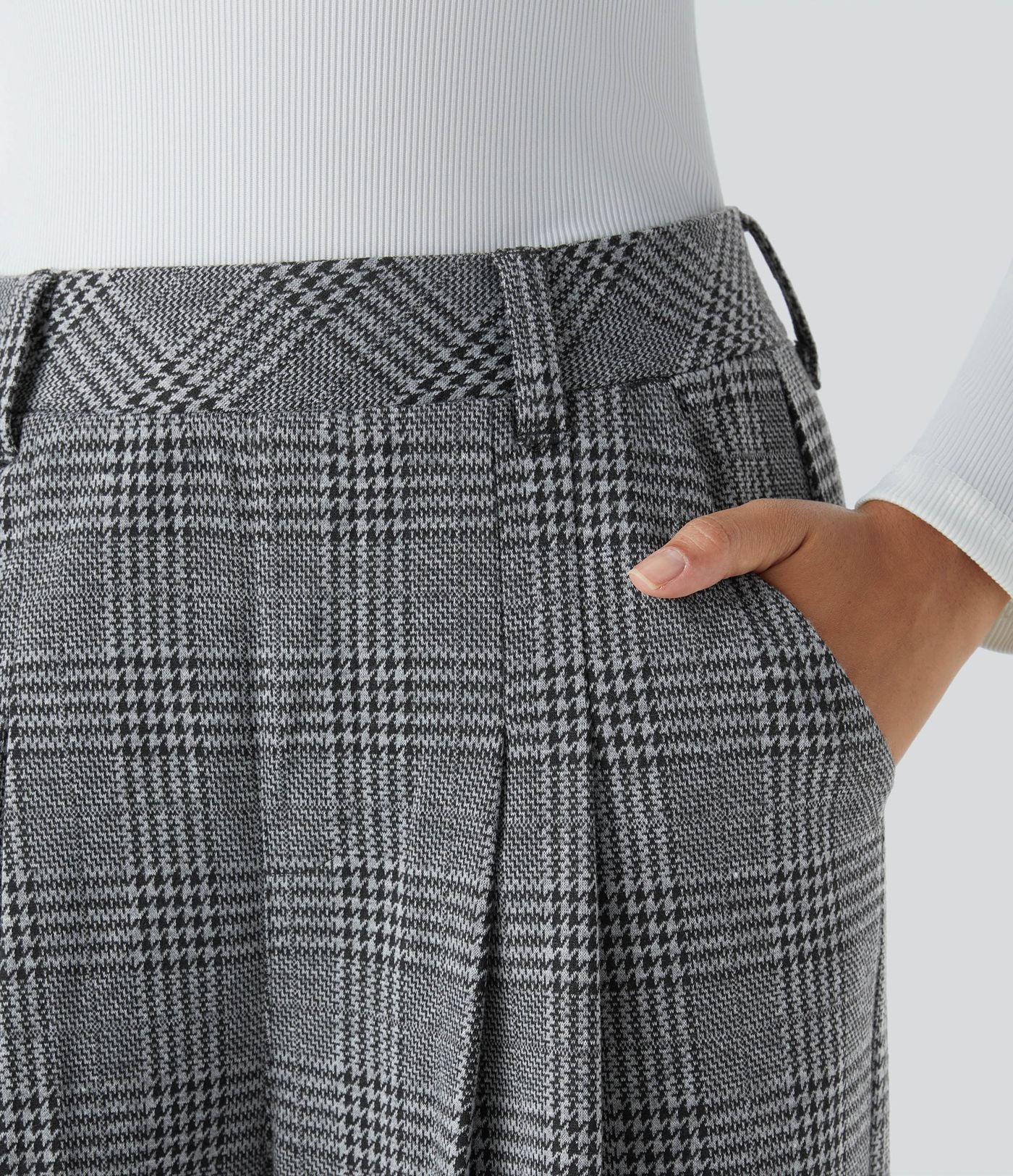 Pantalon taille haute décontracté large à carreaux, avec poches