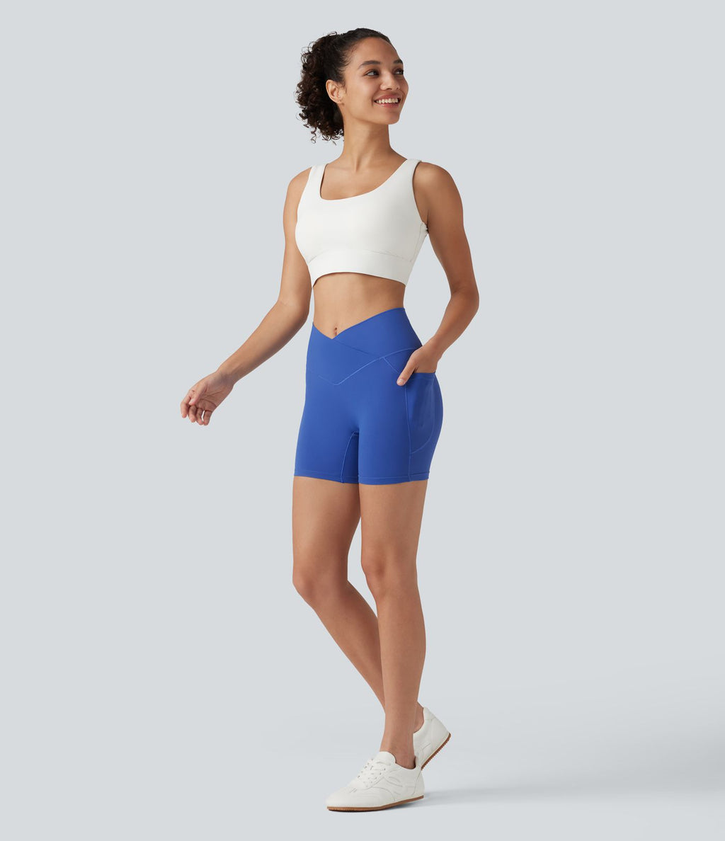Short cycliste de yoga SoftlyZero™ 13 cm taille haute croisée avec poches et protection solaire UPF50+