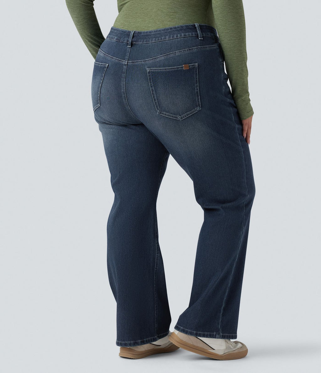 Jean décontracté grande taille évasé taille haute Halara Flex™ effet délavé avec multiples poches