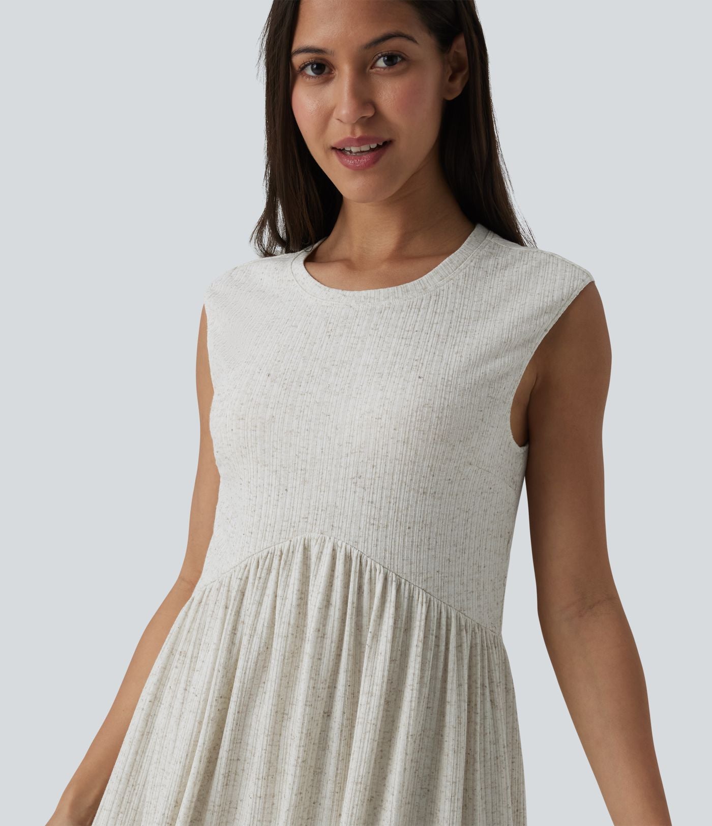 Robe midi fluide décontractée maille côtelée mélange lin col rond sans manches