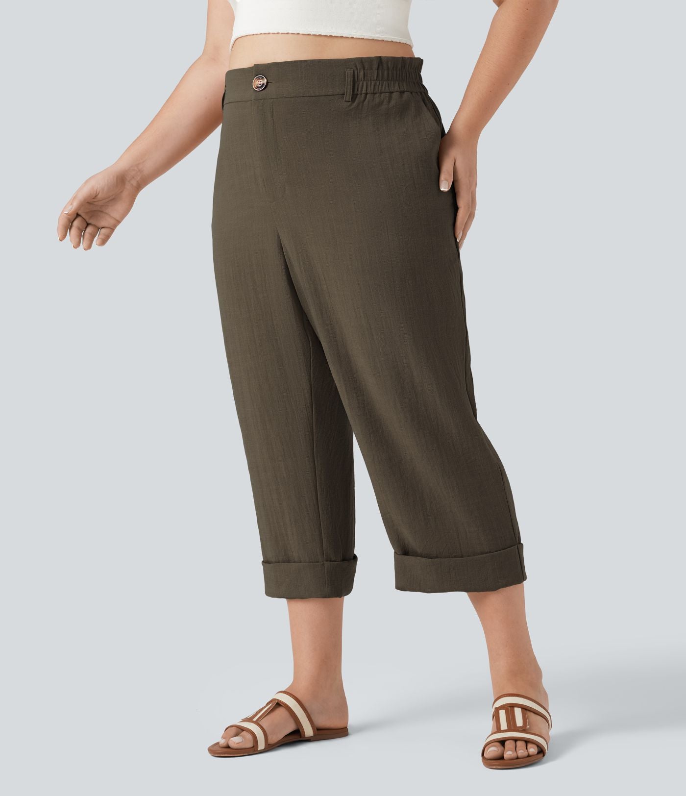 Pantalon de villégiature capri effet lin, grande taille, taille haute, avec poches