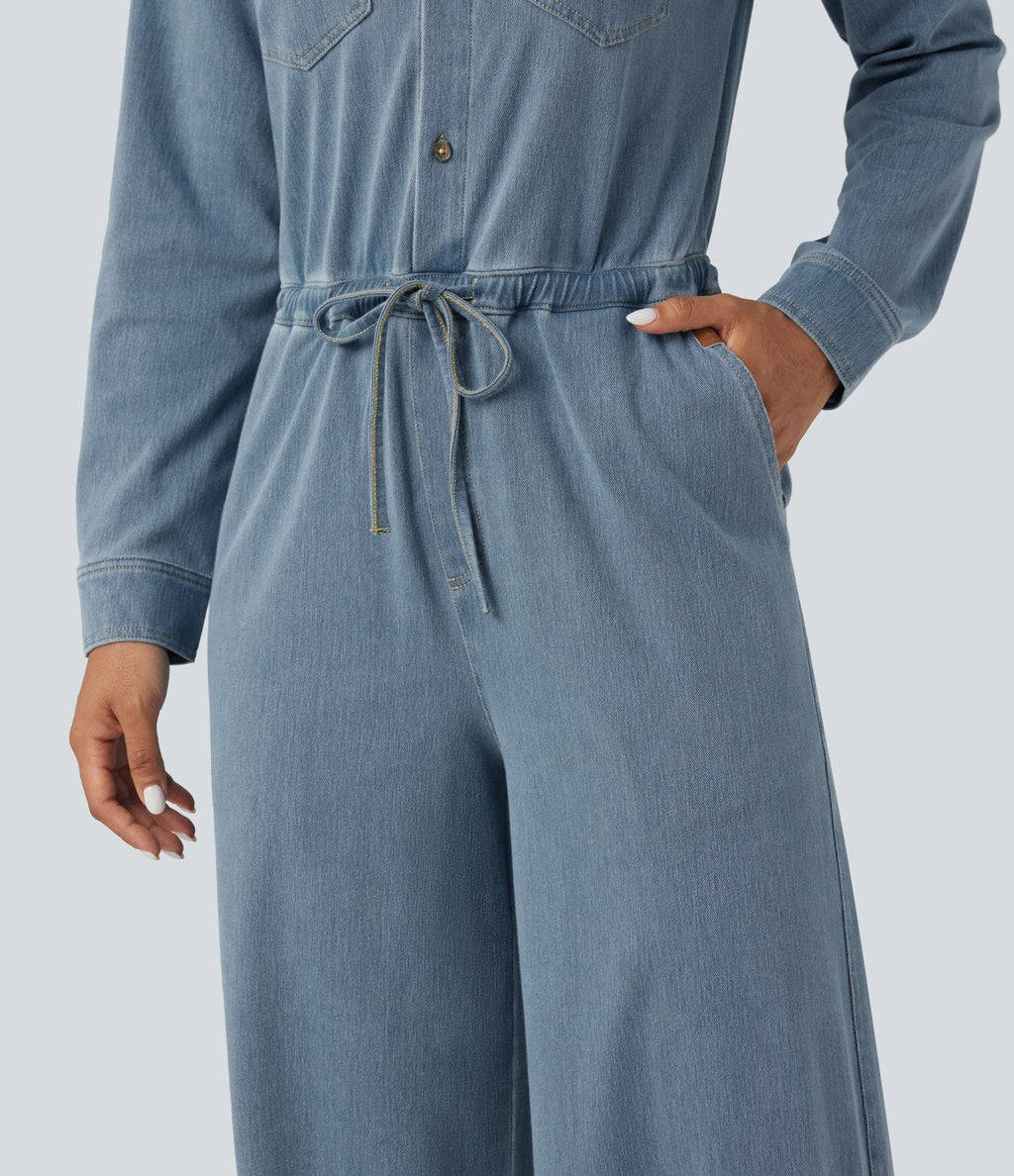 Combinaison denim délavé Halara Flex™ jambes larges manches longues avec cordon de serrage et poches - Édition Easy Peasy
