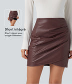 Jupe-short mini moulante taille haute en simili doublé polaire avec fronces et ourlet croisé