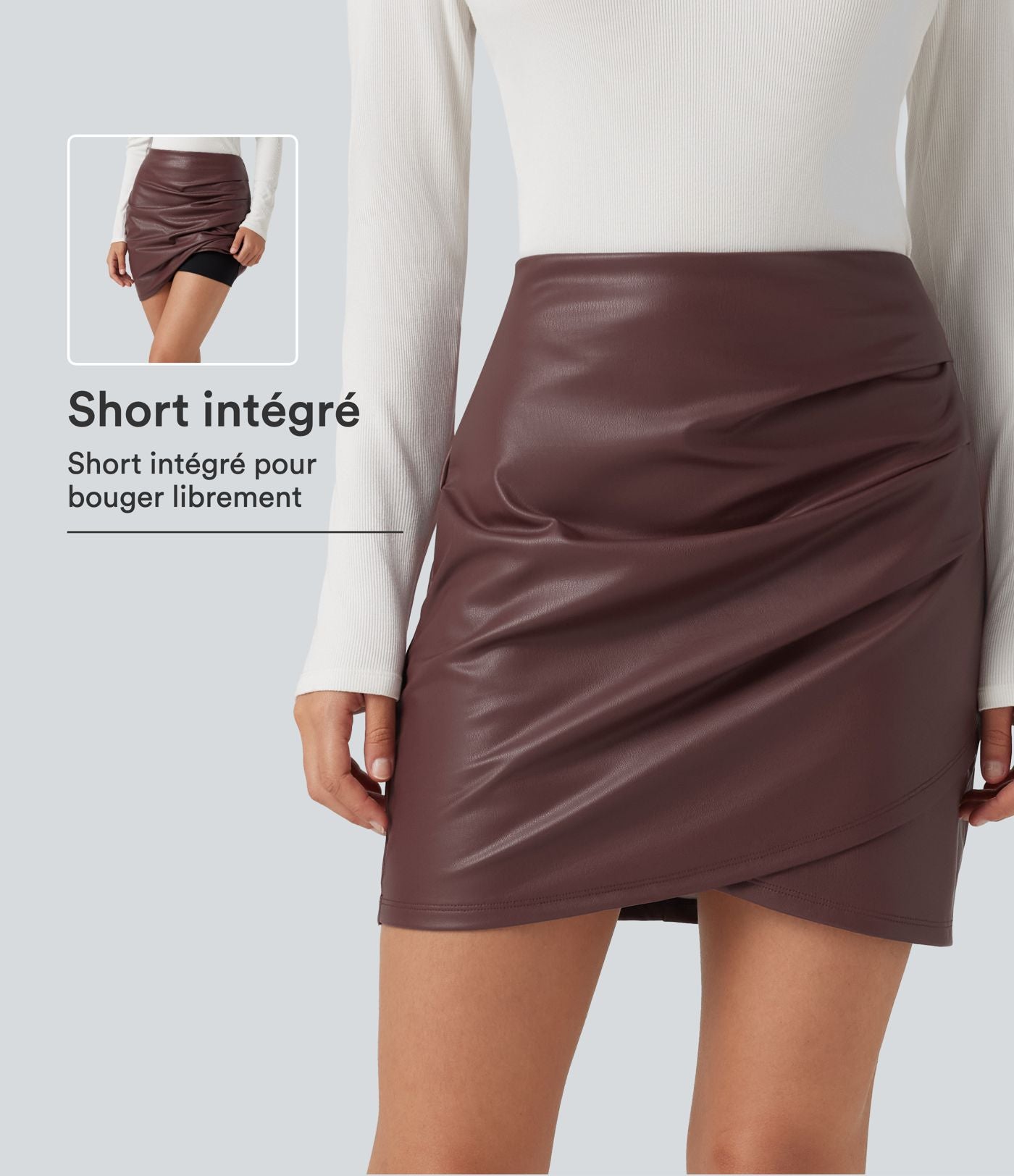 Jupe-short mini moulante taille haute en simili doublé polaire avec fronces et ourlet croisé
