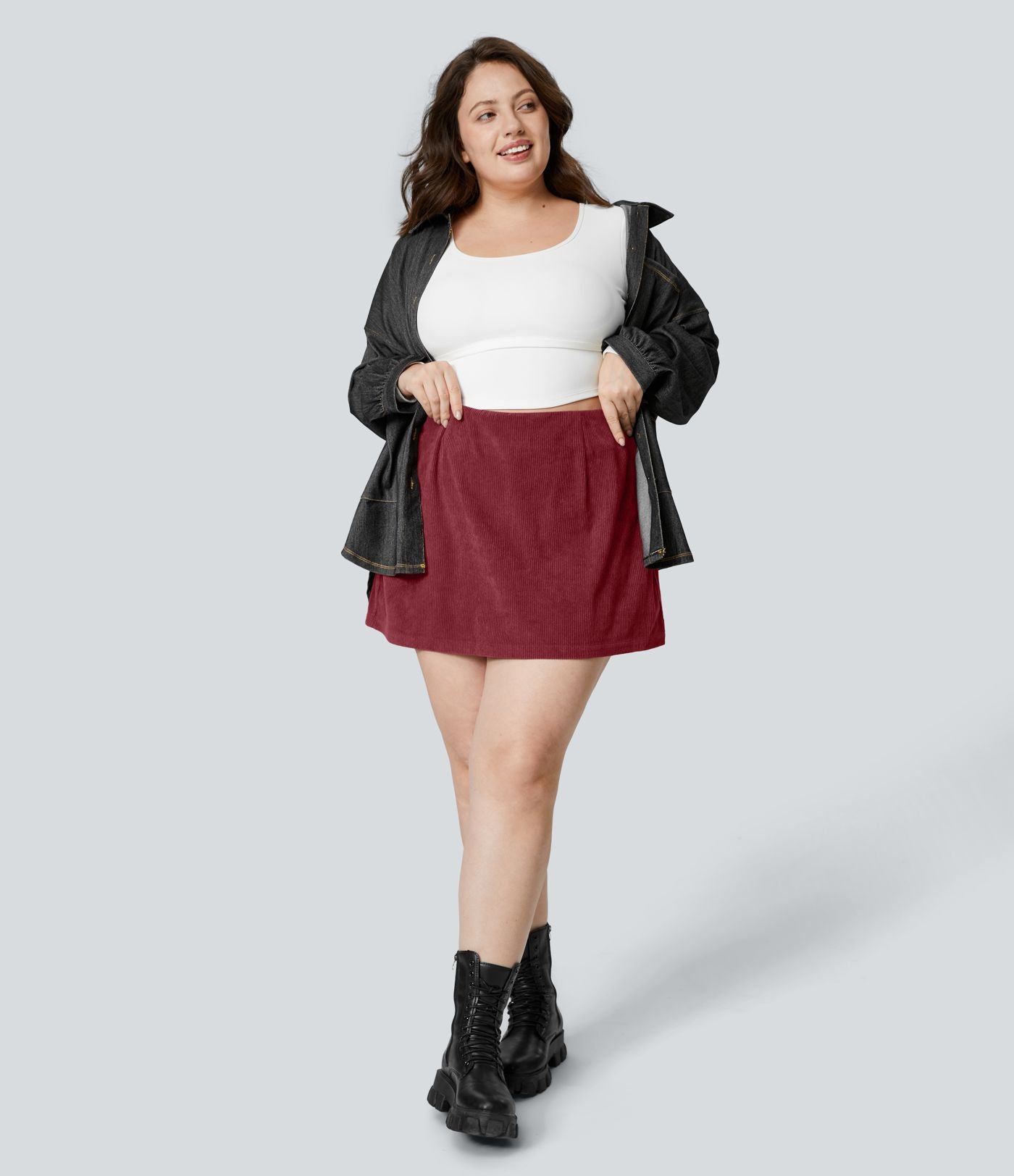 Jupe Casual Grande Taille en Velours Côtelé Mini à Taille Haute avec Fermeture Éclair Invisible 2 en 1