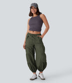 Jogging cargo décontracté parachute taille moyenne à cordon avec poches latérales et fronces