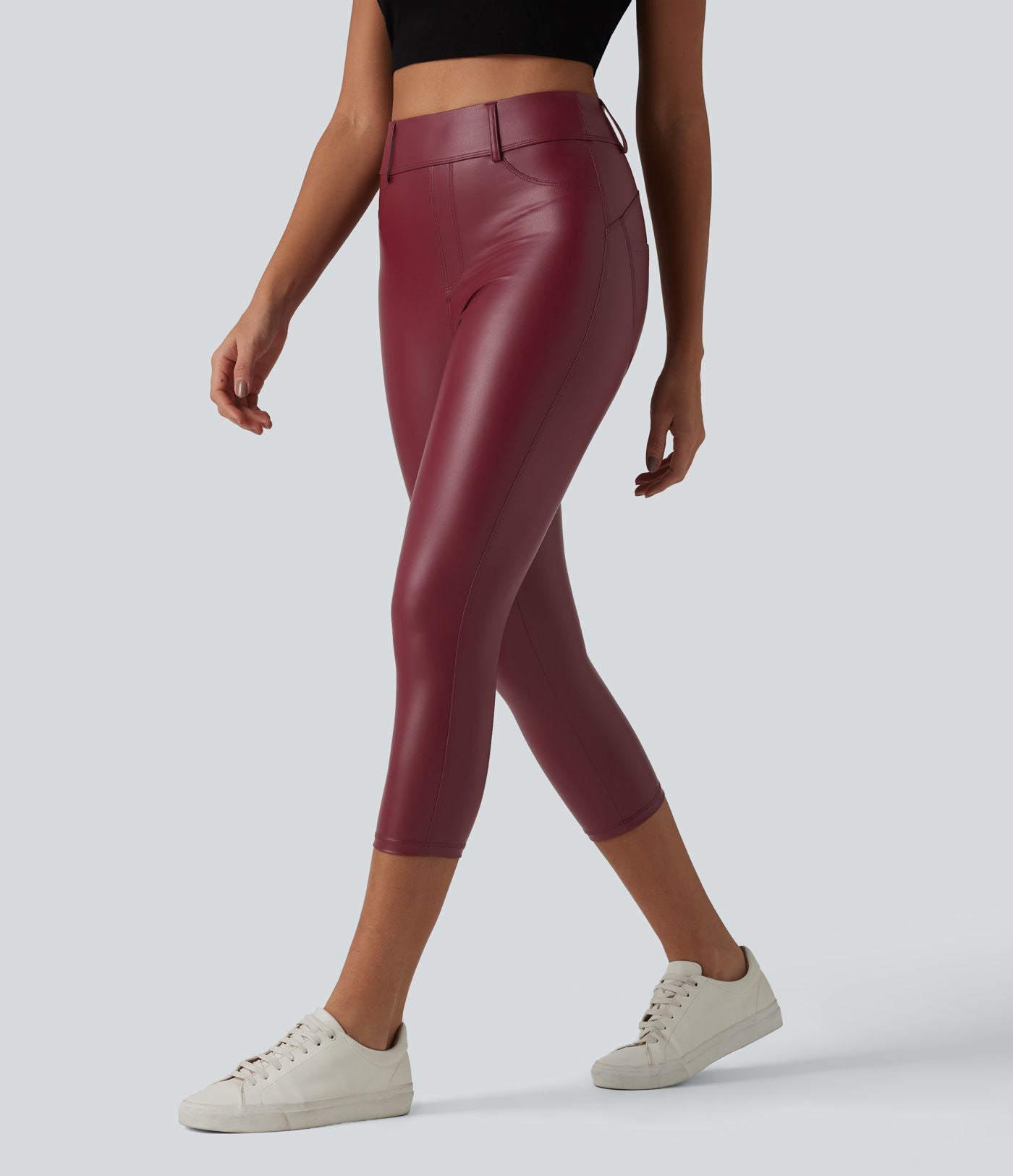 Legging corsaire casual taille haute extensible en simili cuir avec poches