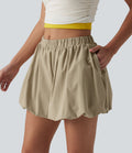 Short bouffant casual taille mi-haute en popeline extensible avec poches