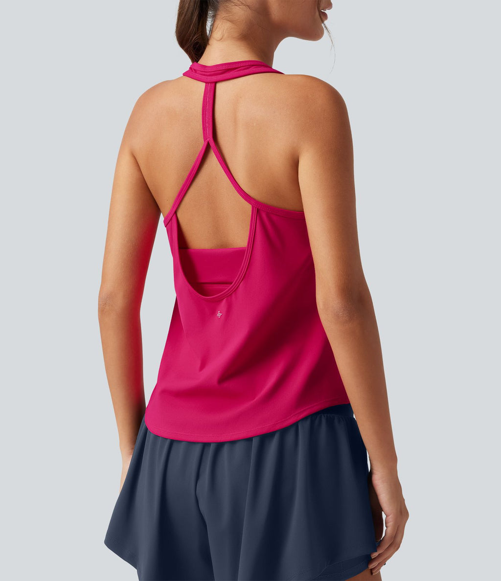 Débardeur de yoga à encolure U, ourlet arrondi, toucher frais, séchage rapide, coussinets amovibles et protection solaire UPF 50+