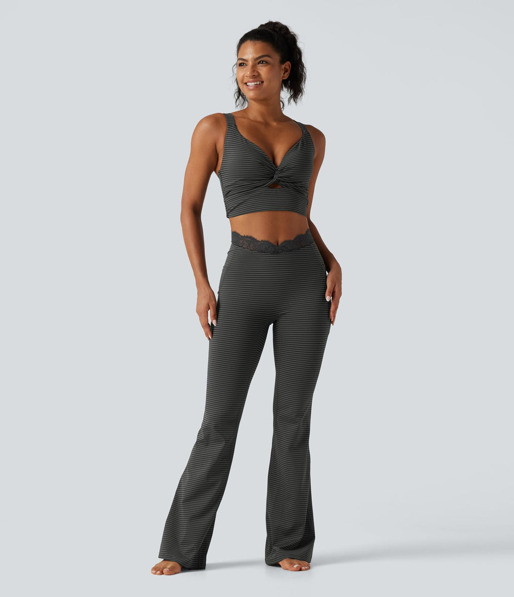 Legging de yoga flare taille haute en V avec dentelle contrastée, rayures et poches