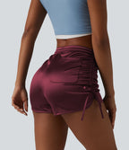 Short décontracté satiné taille haute avec cordon de serrage froncé et poche