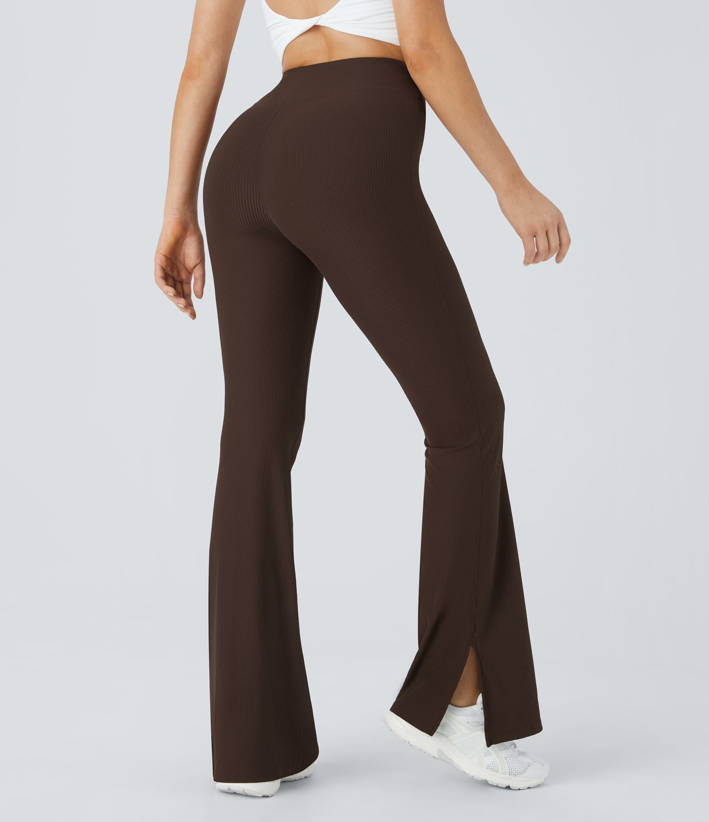 Pantalon Yoga Longs Taille Haute Évasés Fente en Tricot Côtelé