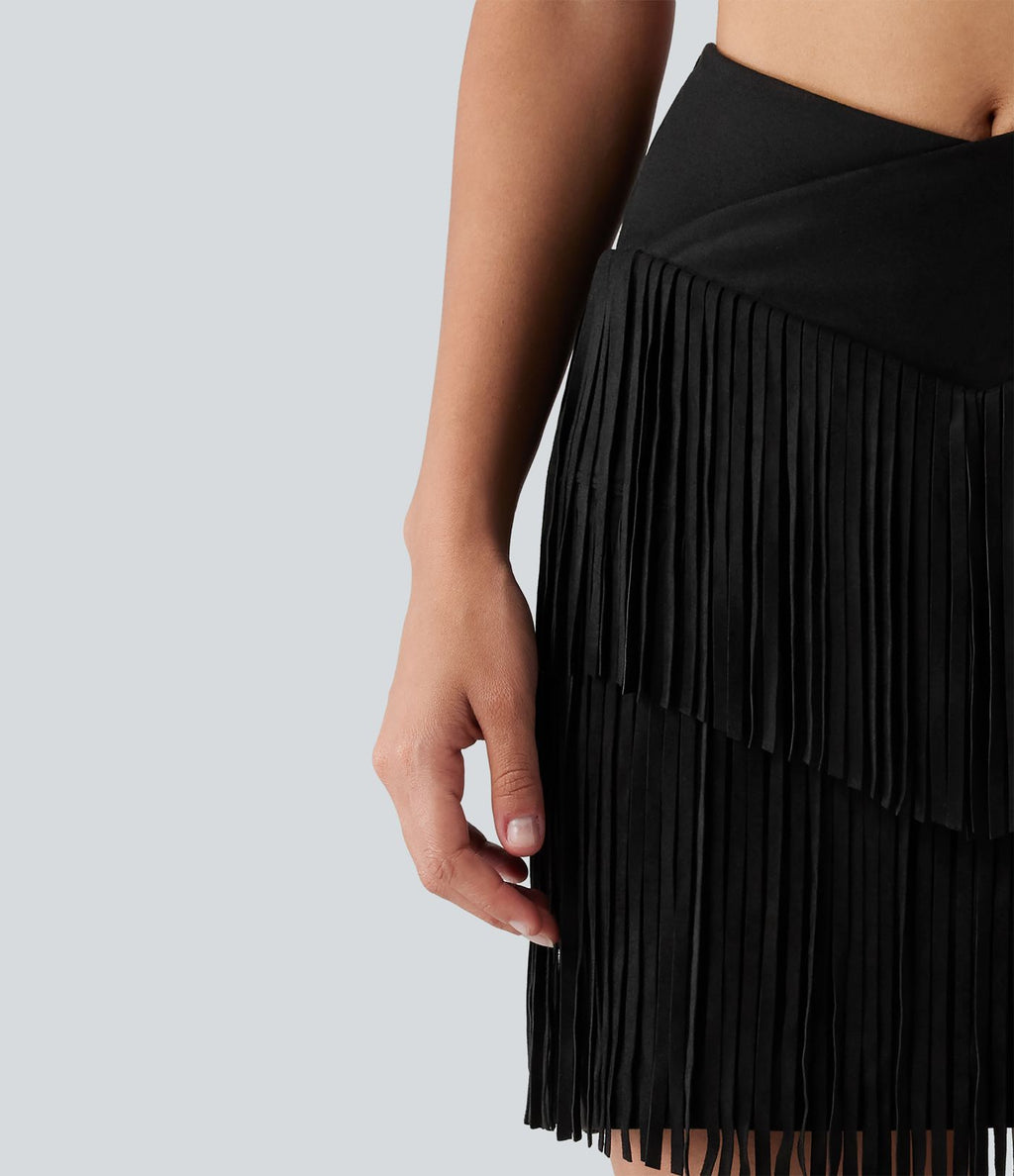 Jupe mini moulante 2-en-1 en daim pour soirée, ourlet à franges croisé, taille haute — version longue