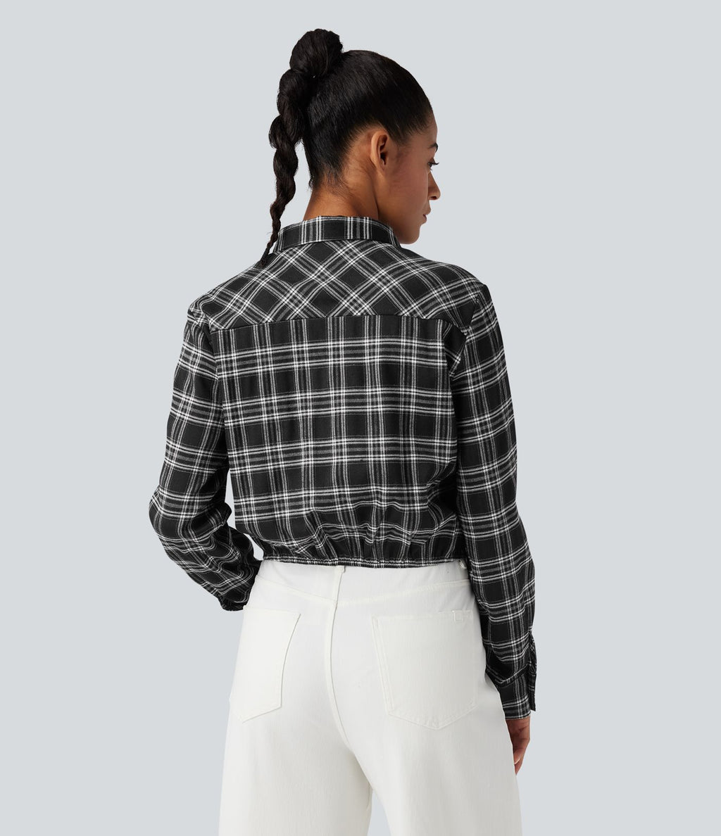 Chemise décontractée à carreaux, manches longues et nœud devant