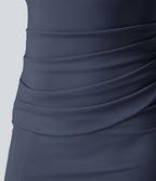 Robe corset midi moulante ruchée à encolure carrée, dos nu, brassière intégrée
