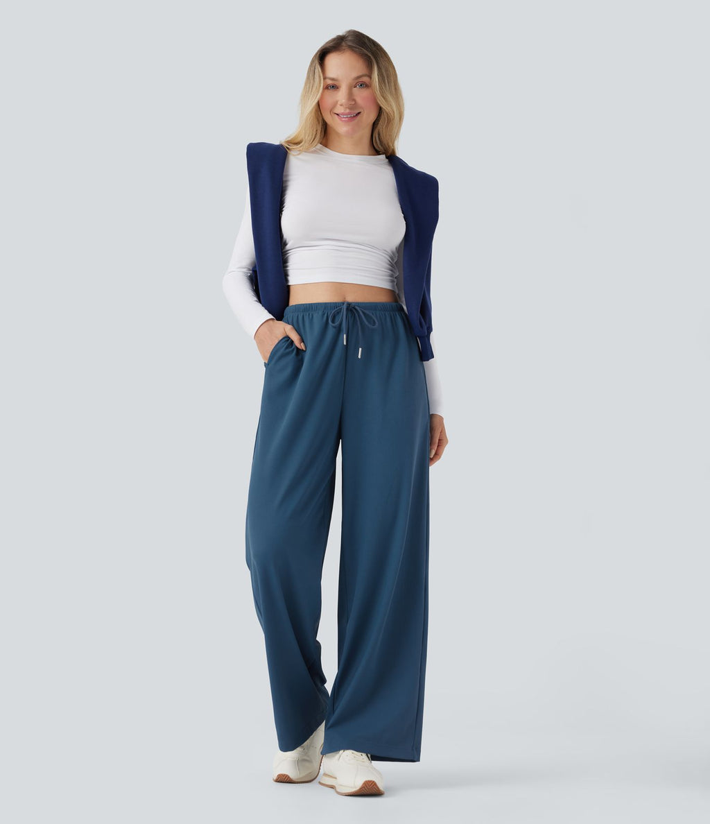 Pantalon de yoga tissu gaufré taille mi-haute jambe droite avec cordon de serrage et poches