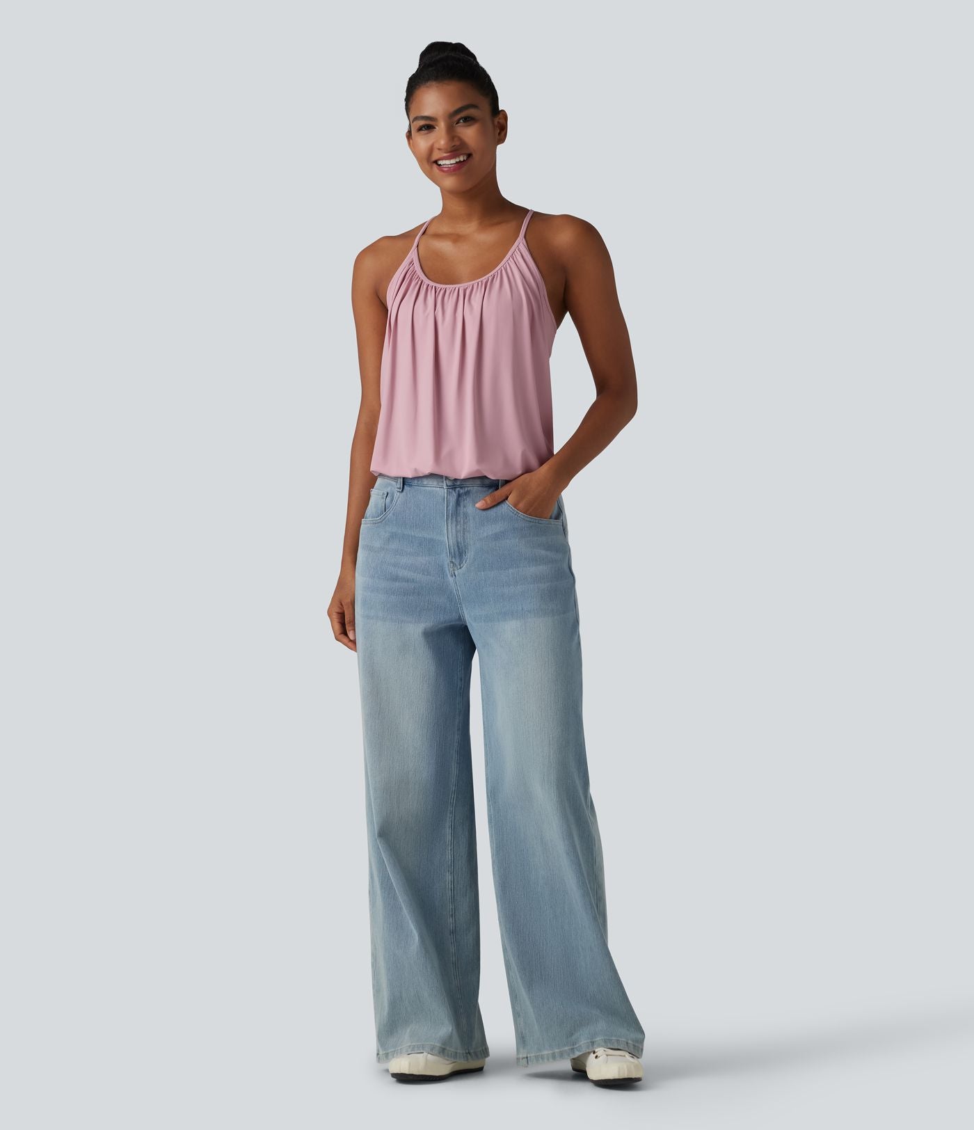 Débardeur décontracté col U froncé 2-en-1 avec brassière intégrée effet frais InstantCool séchage rapide, protection solaire UPF50+