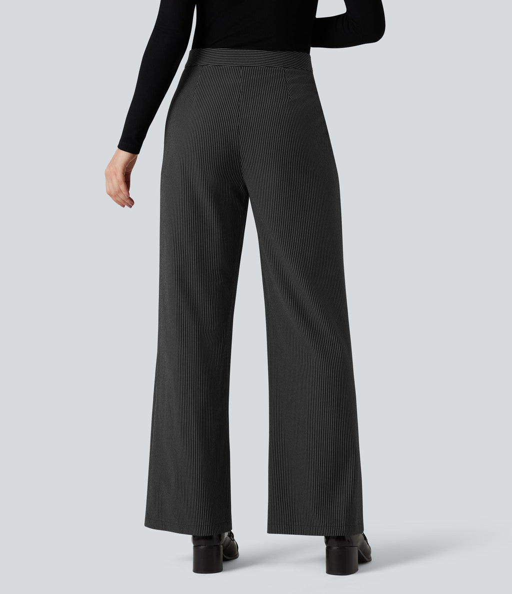 Pantalon tailleur rayé coupe droite taille haute avec poches