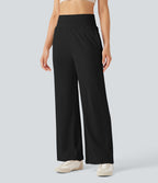 Pantalon décontracté maille côtelée taille haute avec poches