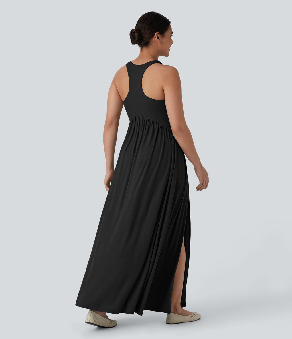 Robe longue décontractée côtelée avec dos nu, bretelles croisées dans le dos et fente