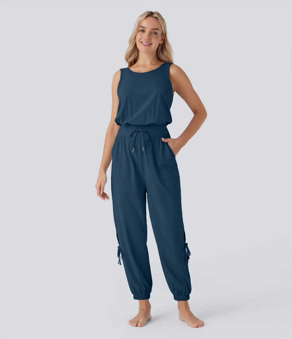 Combinaison de yoga col bateau sans manches dos nu avec découpes et poches latérales à cordon de serrage effet frais InstantCool, protection solaire UPF50+