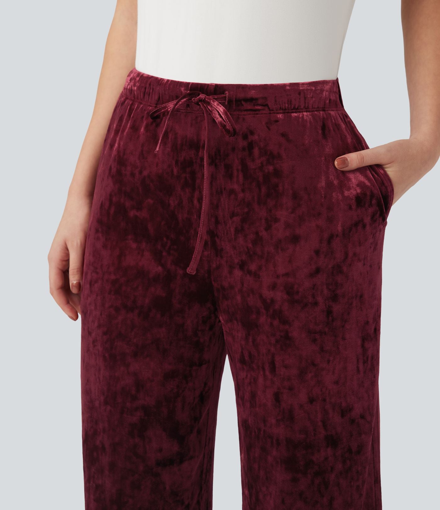 Pantalon large décontracté en velours taille haute avec cordon et poches