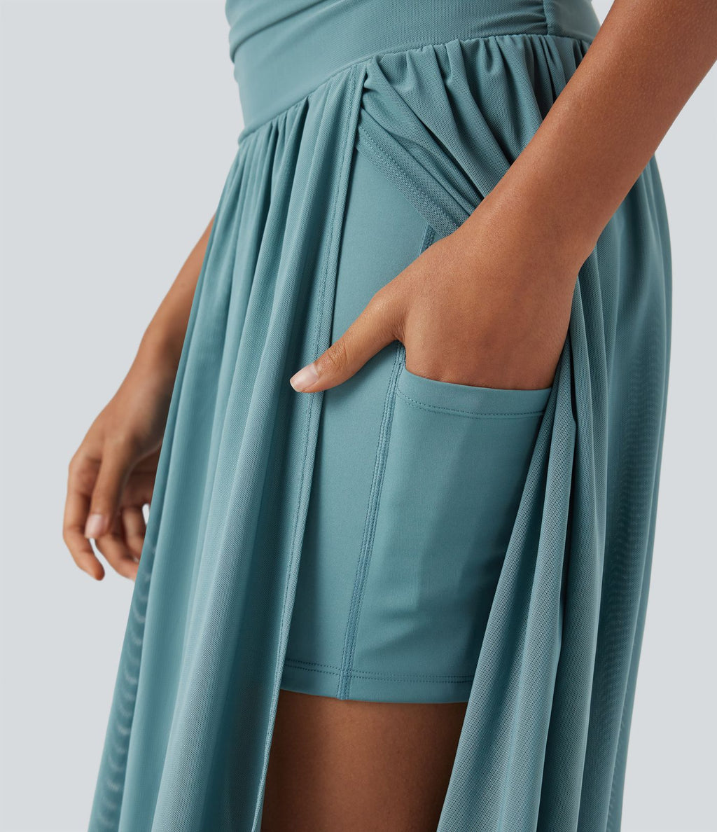 Jupe de danse mi-longue fluide 2-en-1 taille haute, fendue avec poche latérale