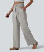 Pantalon casual large fluide mélange lin taille haute avec cordon de serrage et poches