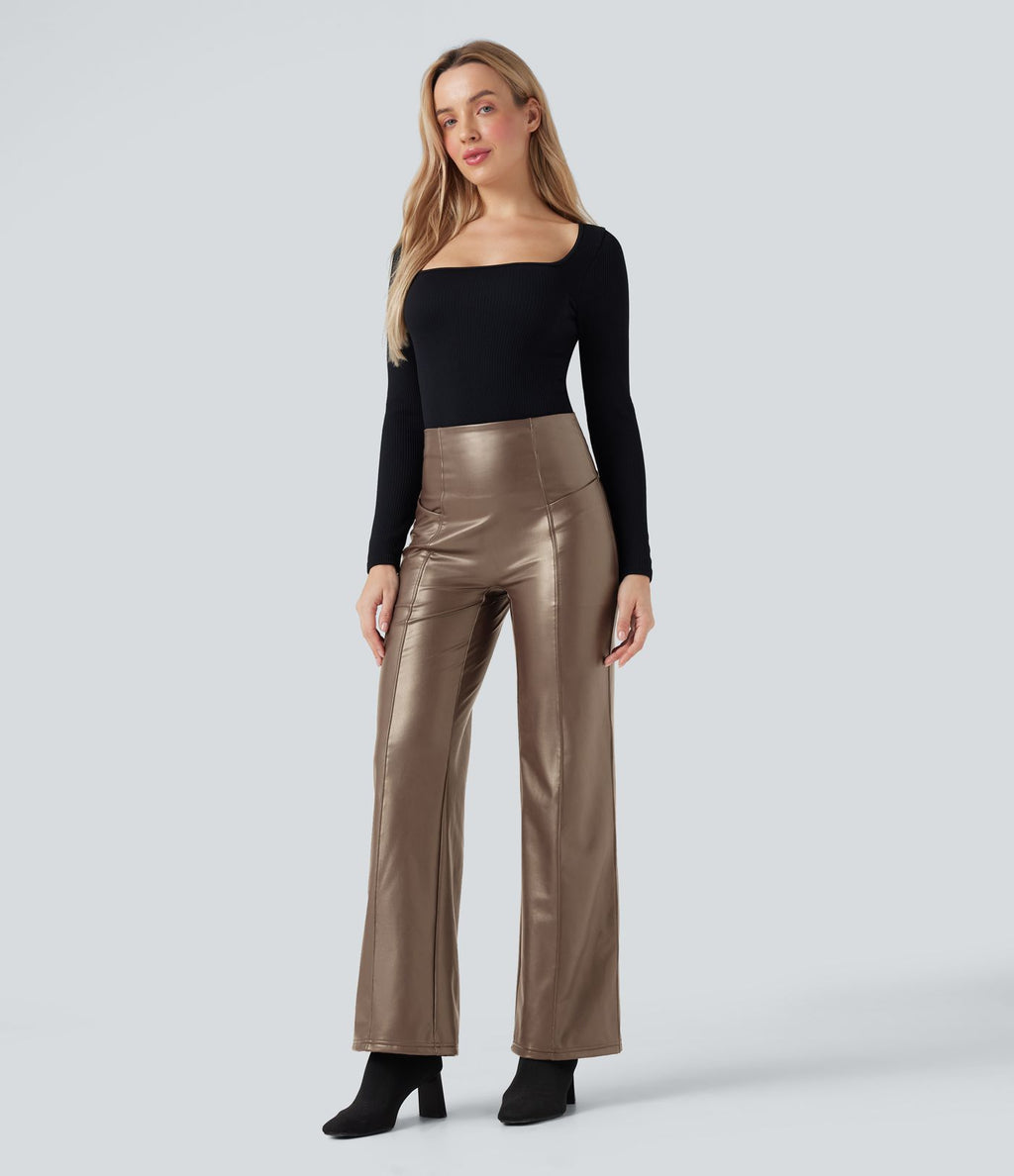 Pantalon similicuir évasé gainant taille haute stretch avec poches