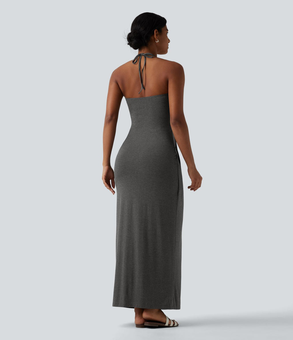 Robe longue dos nu col licou avec nœud et poches