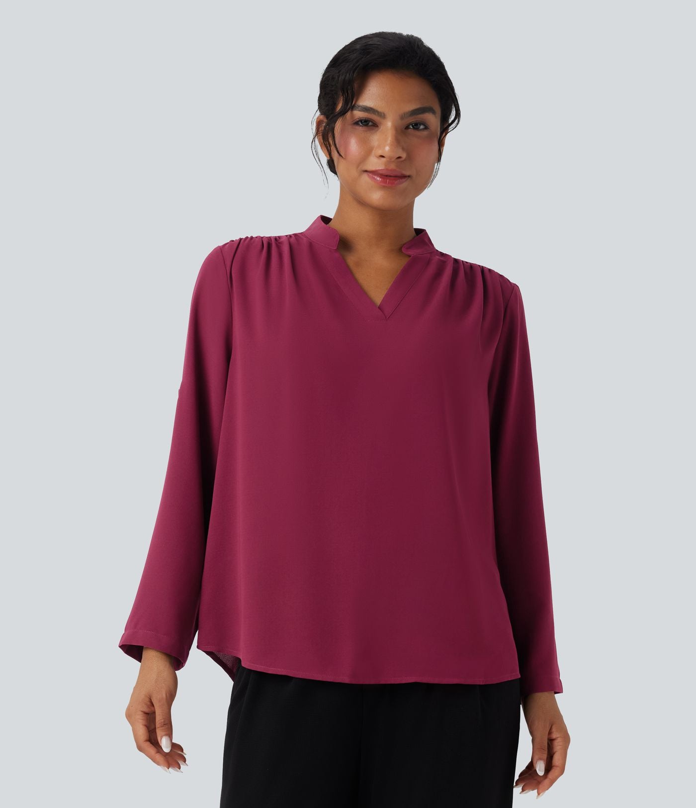 Chemise travail col V manches longues ourlet arrondi