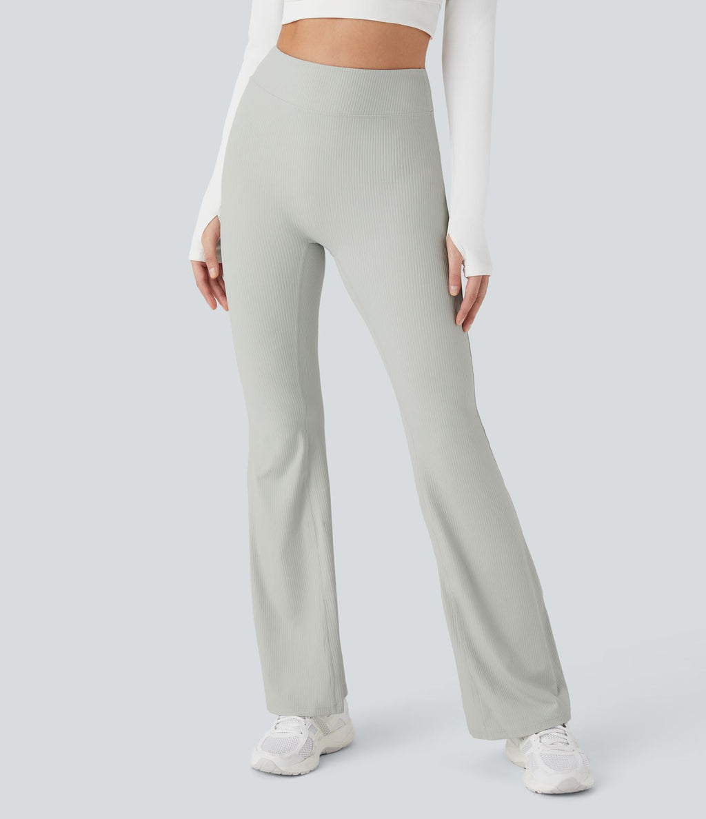 Pantalon Yoga Longs Taille Haute Évasés Fente en Tricot Côtelé