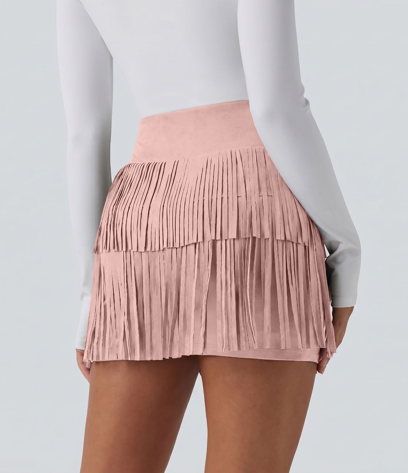 Jupe mini de soirée ajustée effet daim taille haute croisée 2-en-1 à franges