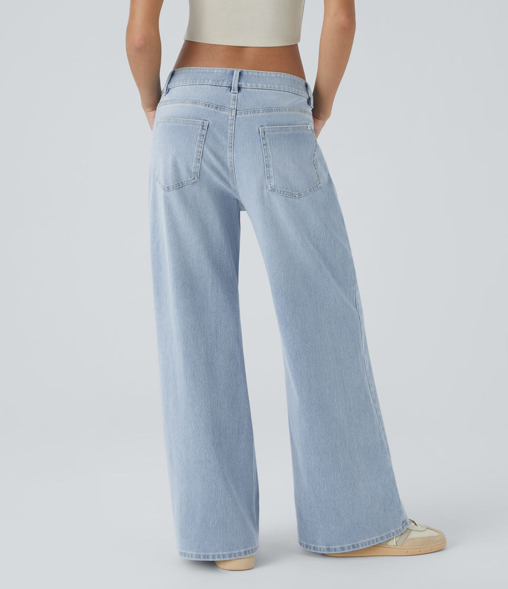 Halara Flex™ Jean Large Casual Taille Basse avec Boutons Zip Multiples Poches Lavés Élastiques et Tricotés
