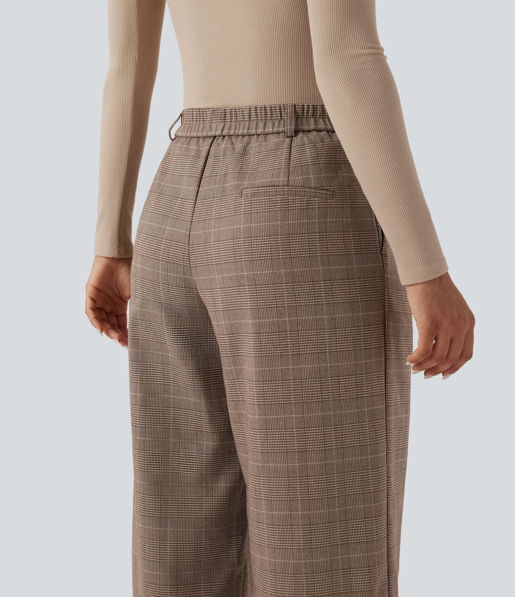 Pantalon de travail Halara Flex™ 7/8 droit à carreaux pied-de-poule, taille mi-haute, avec poches