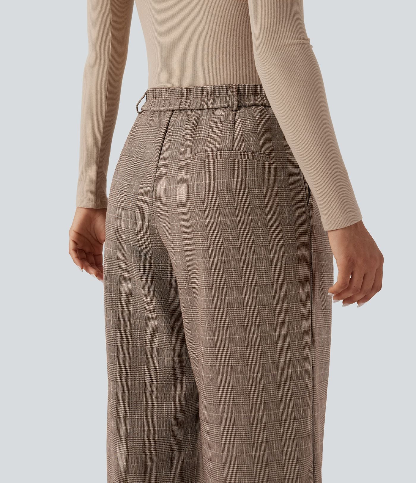 Pantalon de travail Halara Flex™ 7/8 droit à carreaux pied-de-poule, taille mi-haute, avec poches