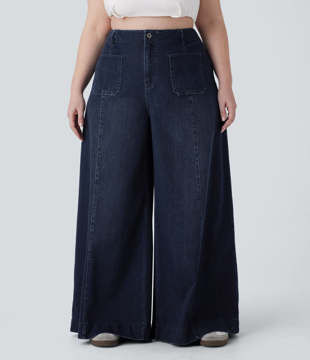 Jean décontracté Halara Flex™ grande taille large taille haute en maille extensible délavée avec poches avant