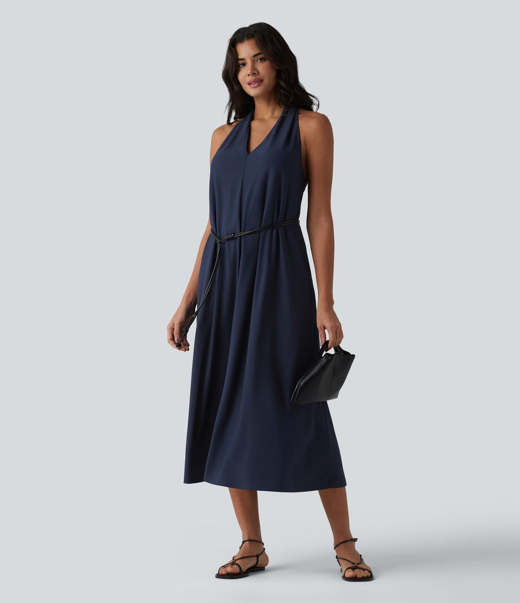 Robe midi décontractée col V avec poches
