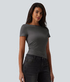 T-shirt décontracté col bateau manches courtes froncé