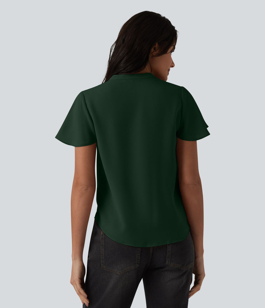 Blouse casual col V à manches volantées et ourlet arrondi