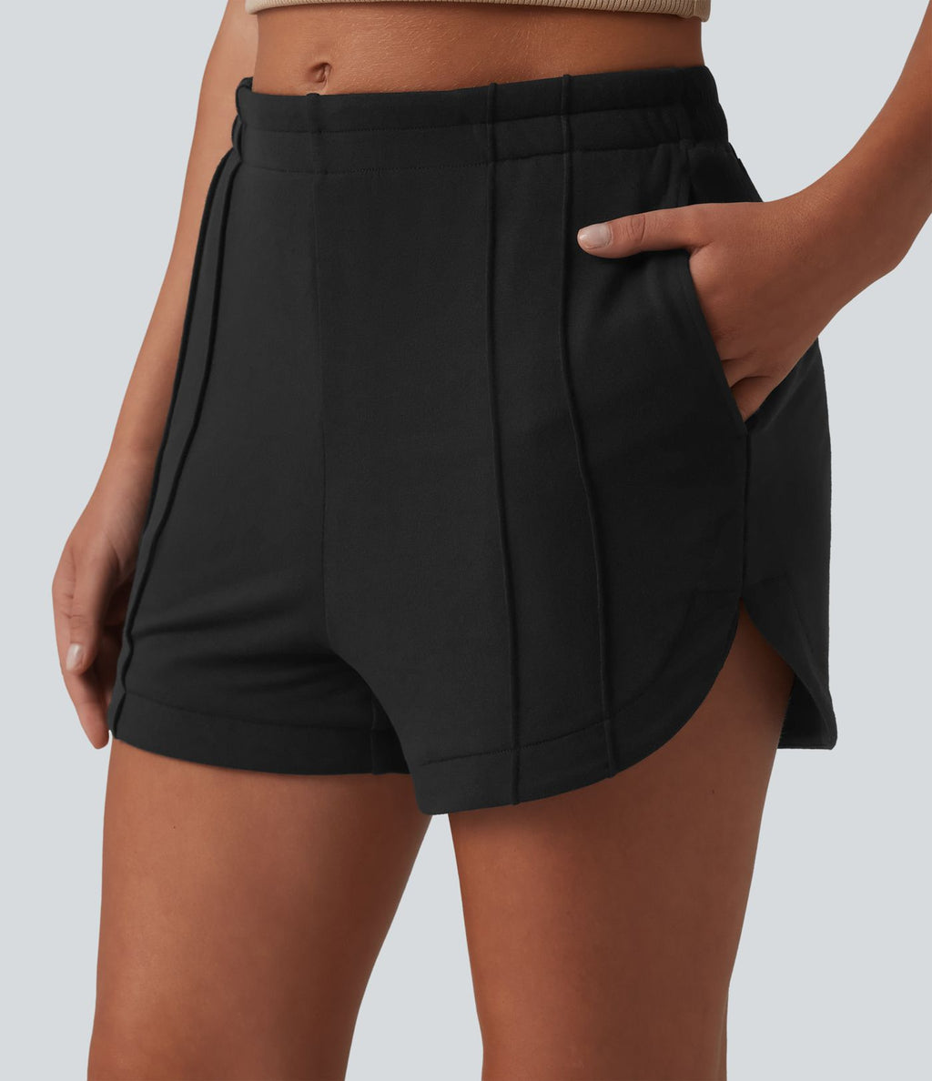 Short casual taille mi-haute à plis piqués, ourlet arrondi et poches, 7,5 cm