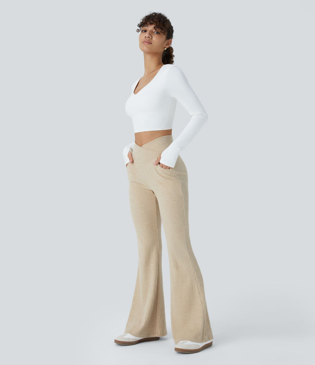 Pantalon Taille Haute Casual Évasés en Tricot Côtelé avec Poches Latérales et Croisé