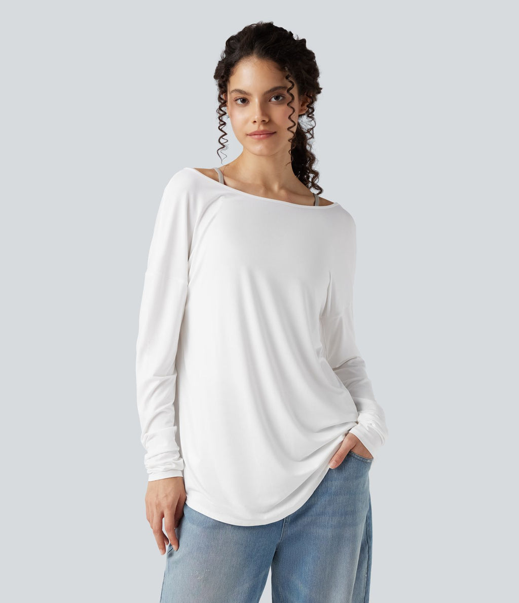 T-shirt décontracté col V profond manches longues à trous pouces coupe décontractée - Réversible devant et dos