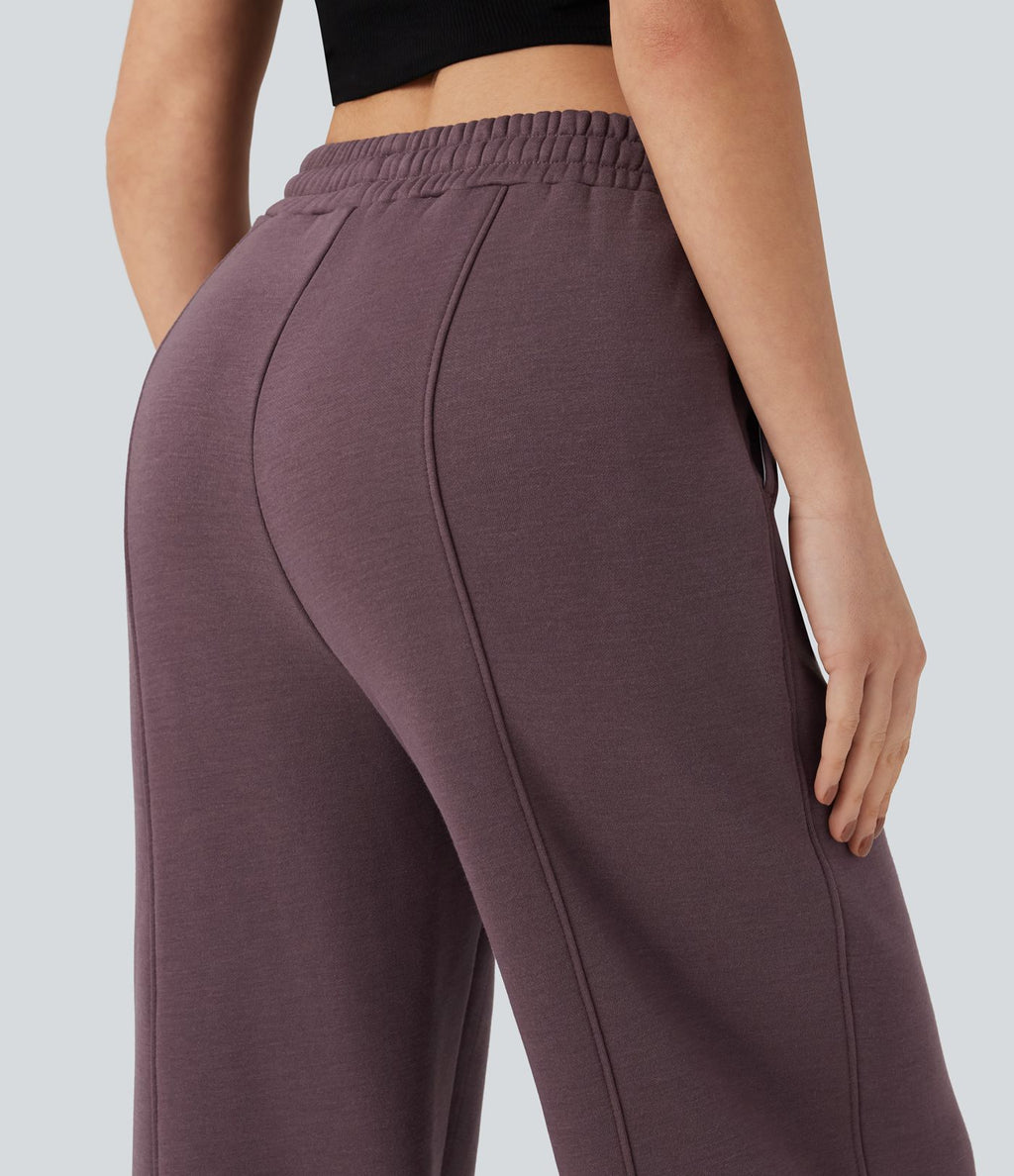 Pantalon jogging droit en coton molleton taille haute avec cordon et poches