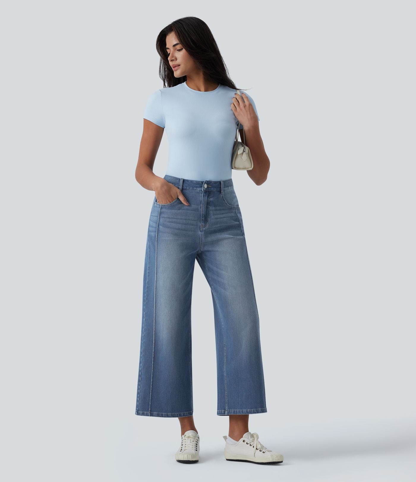 Jean 7/8 baggy décontracté délavé taille haute avec poches Halara Flex™