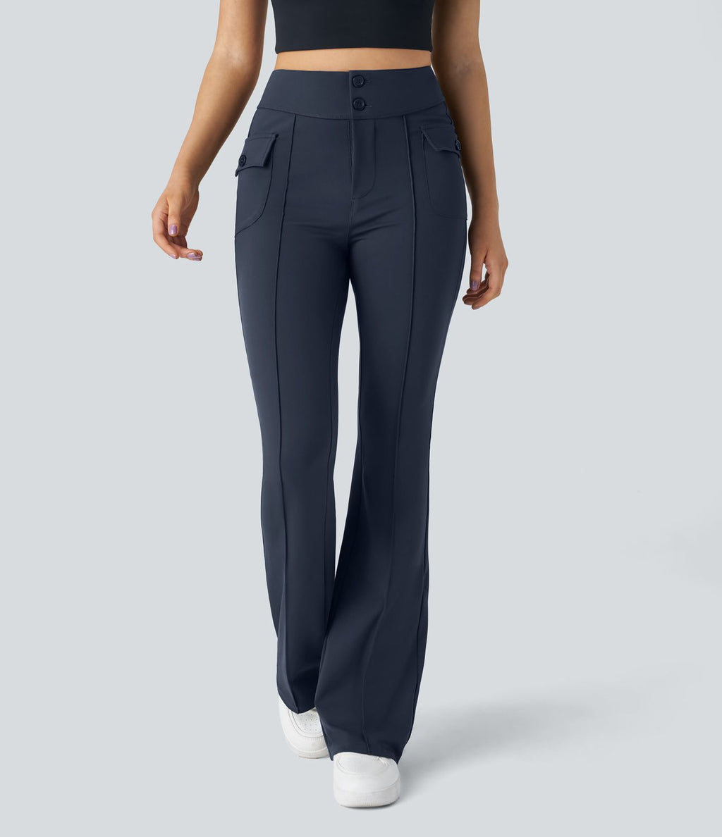 Pantalon cargo décontracté évasé taille haute avec poches à rabat latérales