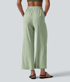 Pantalon casual 7/8 aspect lin stretch coupe droite taille haute avec poches