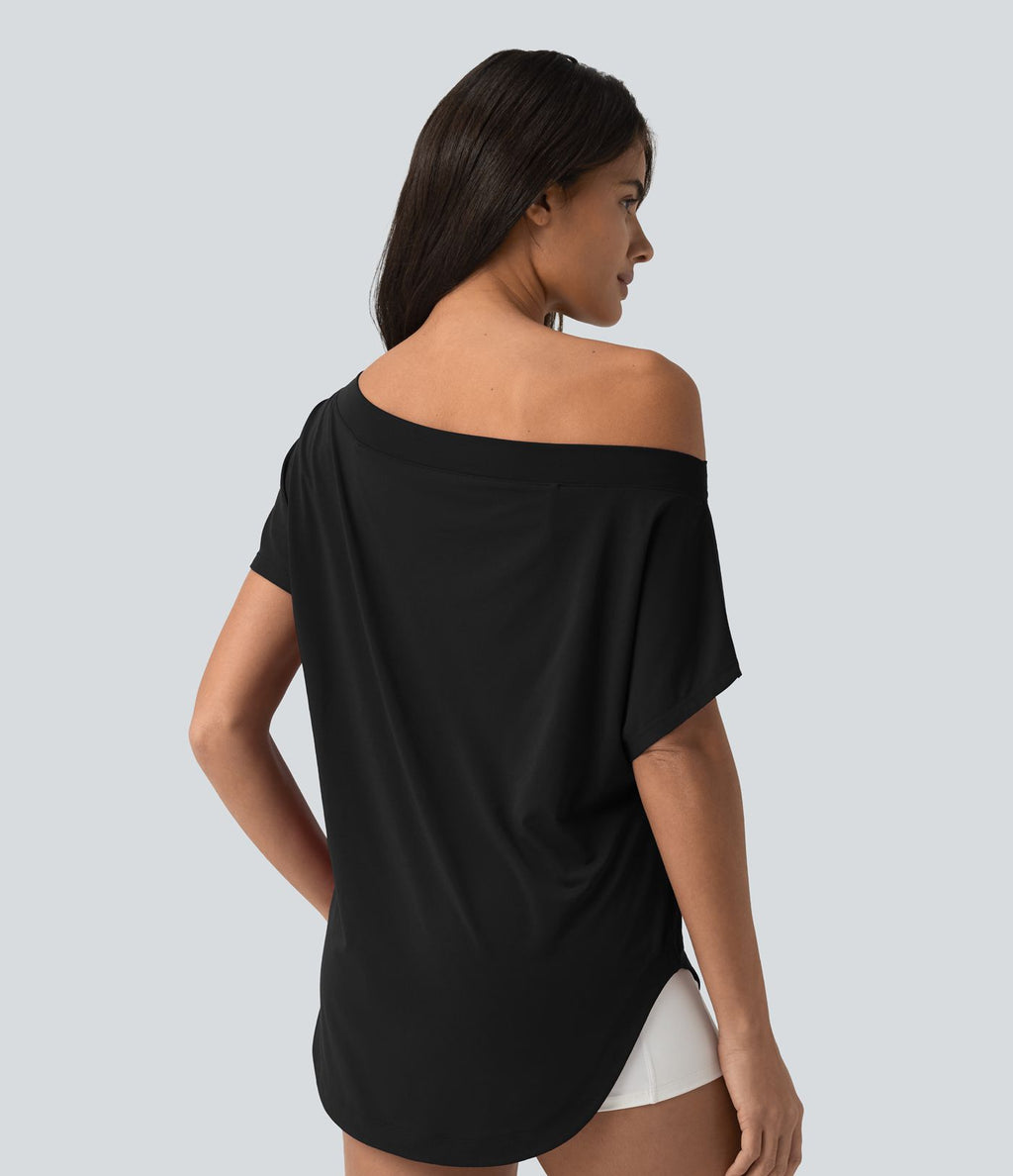 Top de sport yoga asymétrique à épaule dénudée manches courtes ourlet arrondi et coupe asymétrique à séchage rapide – Soutien-gorge intégré